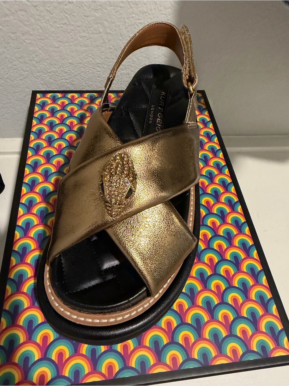 Kurt Geiger Metallic Gold Crisscross Slingback Sandals with Jewel Accent